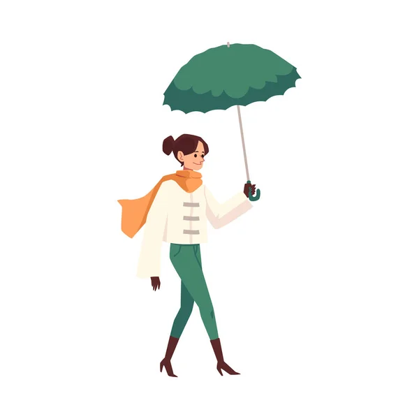 Mujer en chaqueta de otoño caminando con paraguas plana vector ilustración aislado. — Vector de stock