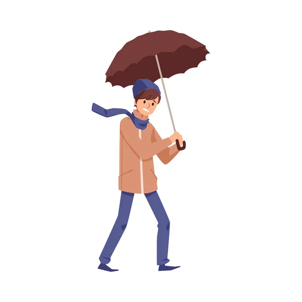 Guy with umbrella in wind weather, flat cartoon vector illustration isolated — Stock Vector