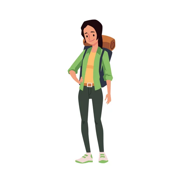 Personaje de dibujos animados turista mujer con ilustración de vector plano mochila aislado. — Vector de stock