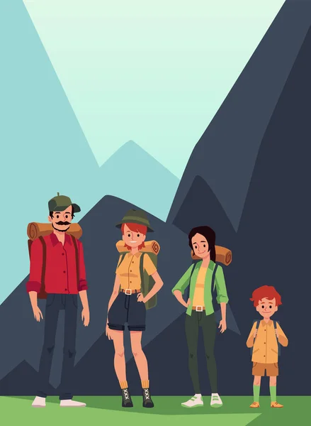 Familia de excursionistas o turistas en las montañas fondo plano vector ilustración. — Archivo Imágenes Vectoriales