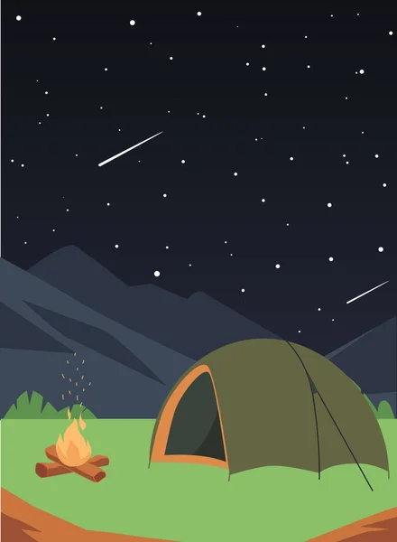 Fondo nocturno estrellado con carpa turística, ilustración vectorial plana de dibujos animados. — Vector de stock