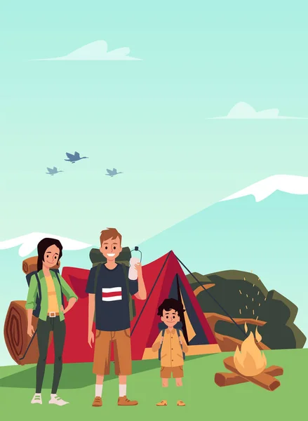 Family of tourists with a child on a hike in camping, flat vector illustration. — Stock Vector