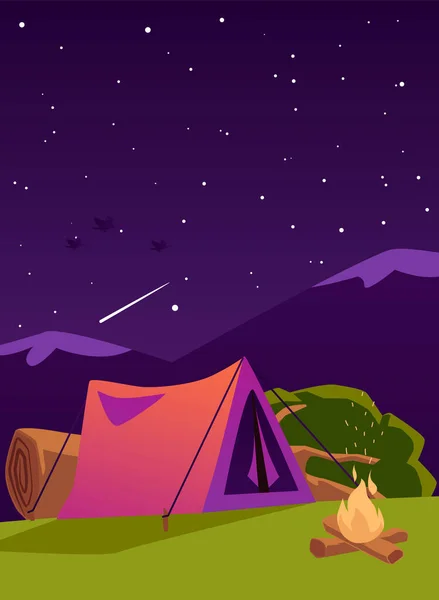 Vector banner with camp in mountains at night with stars sky, tent and campfire.