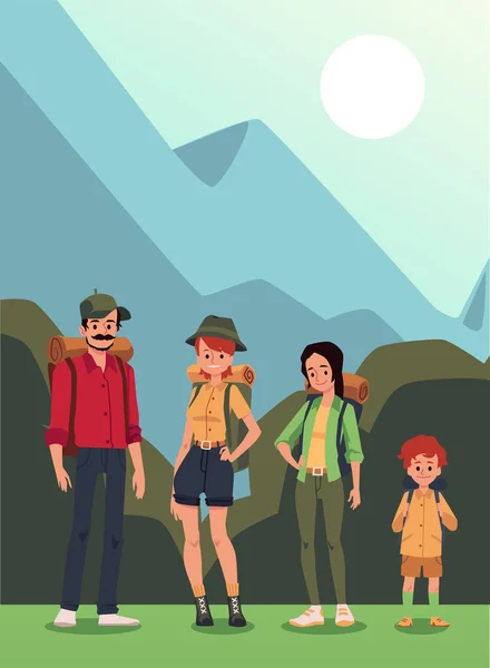 Семья с ребенком в кемпинге в лесистой местности, мультик на плоской векторной иллюстрации. — стоковый вектор