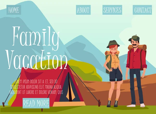 Camping familiar vacaciones sitio web plantilla con la gente, ilustración de vector plano. — Archivo Imágenes Vectoriales
