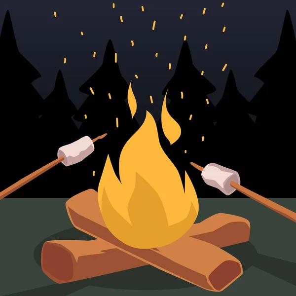 Rostning marshmallows på brasan tecknad symbol, platt vektor illustration. — Stock vektor