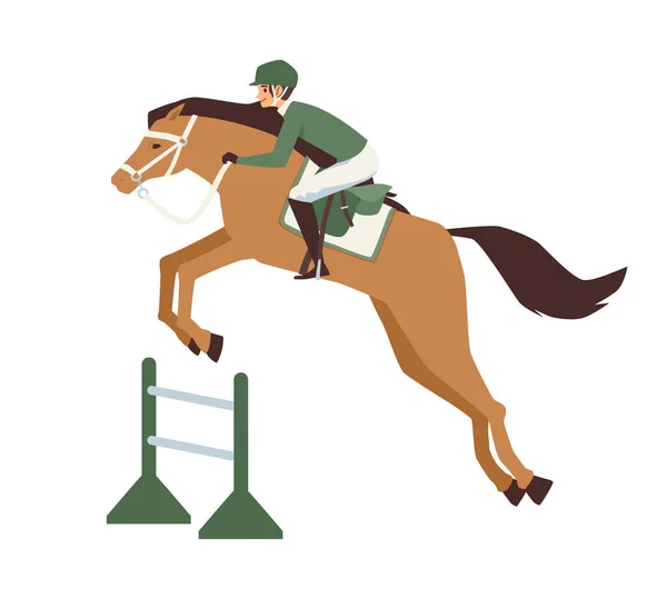 Кінь з гонщиком бере перешкоду плоска Векторні ілюстрації ізольовані на білому . — стоковий вектор