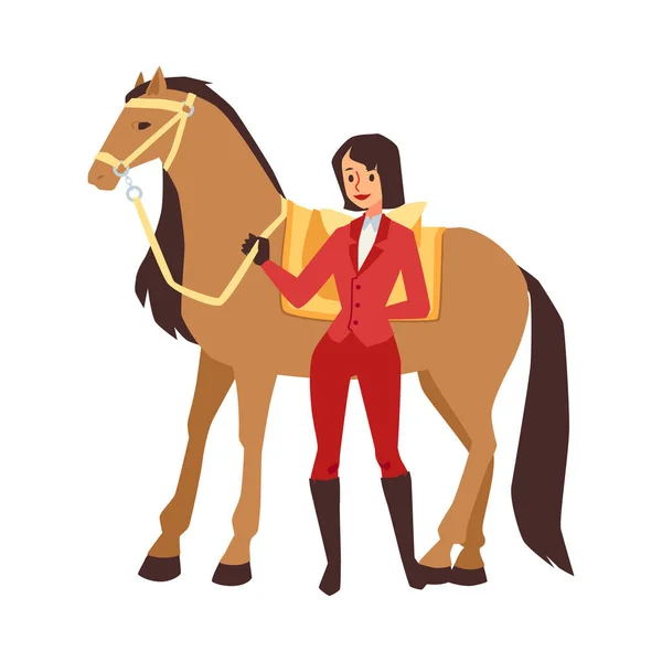 Γυναίκα στο κοστούμι για ιππικό άθλημα κοντά σε άλογο, επίπεδη διανυσματική απεικόνιση απομονωμένη. — Διανυσματικό Αρχείο