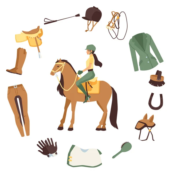 Horse rider among horse harness accessories flat vector illustration isolated. — Stock Vector