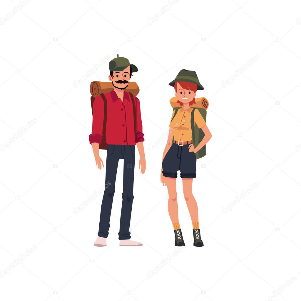 Family couple with camp backpacks in hiking a flat isolated vector illustration