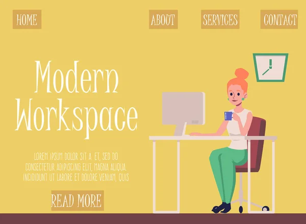 Bannière de site Web d'espace de travail avec la femme travaillant au bureau, illustration vectorielle plate. — Image vectorielle