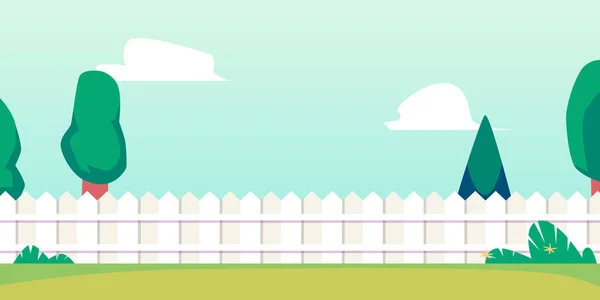 Banner de fondo del patio trasero de verano con valla y césped ilustración vector plano. — Vector de stock