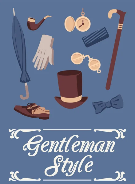 Karte im Gentleman-Stil mit Elementen des Herren-Outfits, flache Vektordarstellung. — Stockvektor