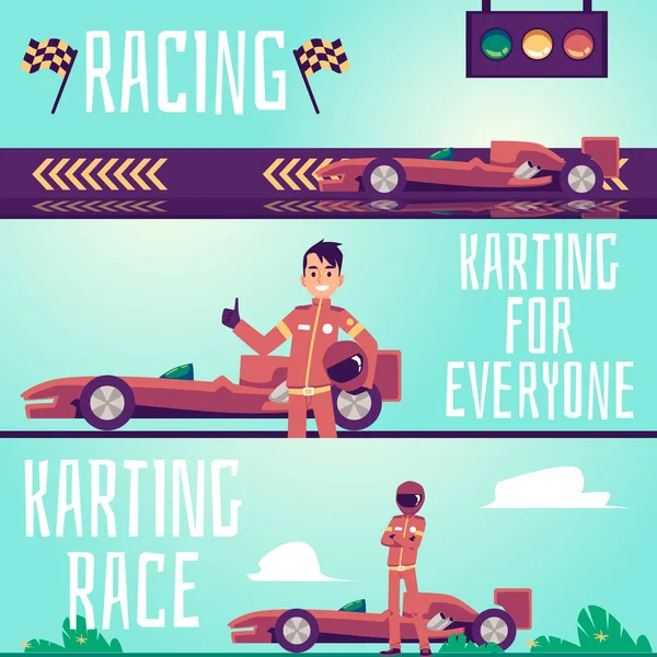 Karting race en race flyers of banners set platte vector illustratie. — Stockvector