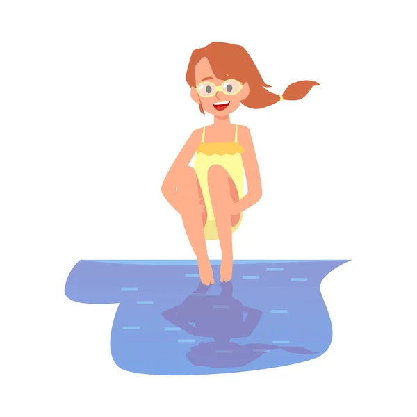 Nettes kleines Mädchen springt ins Wasser, flache Vektordarstellung isoliert. — Stockvektor
