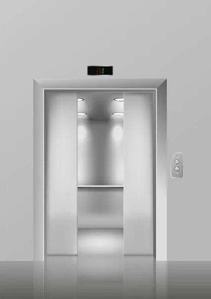 Abierto metálico cromo ascensor puerta 3d maqueta, ilustración vectorial realista — Vector de stock