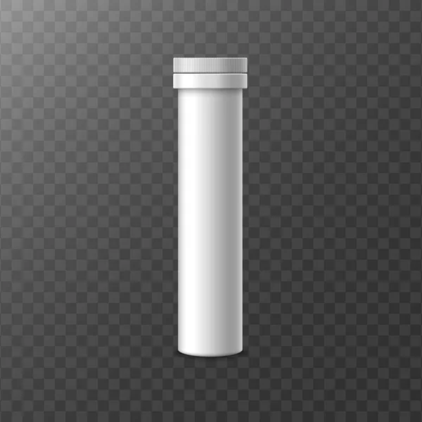 Ilustración realista del vector 3D de un tubo de plástico blanco de píldoras fizzy. — Archivo Imágenes Vectoriales