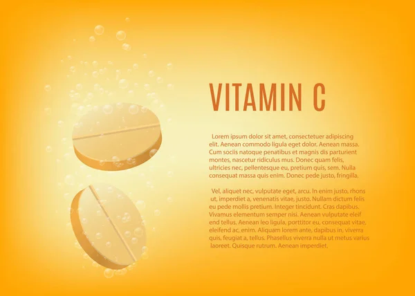 Plantilla de banner para tabletas de vitamina C gaseosas, ilustración vectorial realista. — Archivo Imágenes Vectoriales