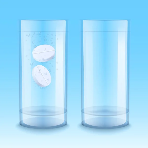 Zwei Gläser - leer und mit einer aufbrausenden, löslichen Tablette als Vektorillustration. — Stockvektor