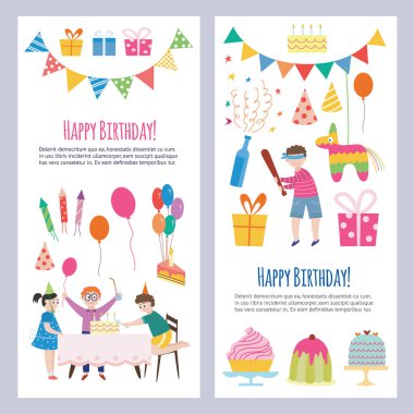 Doğum günü partisinde çocukların olduğu iki tebrik kartı vektör çizimi.