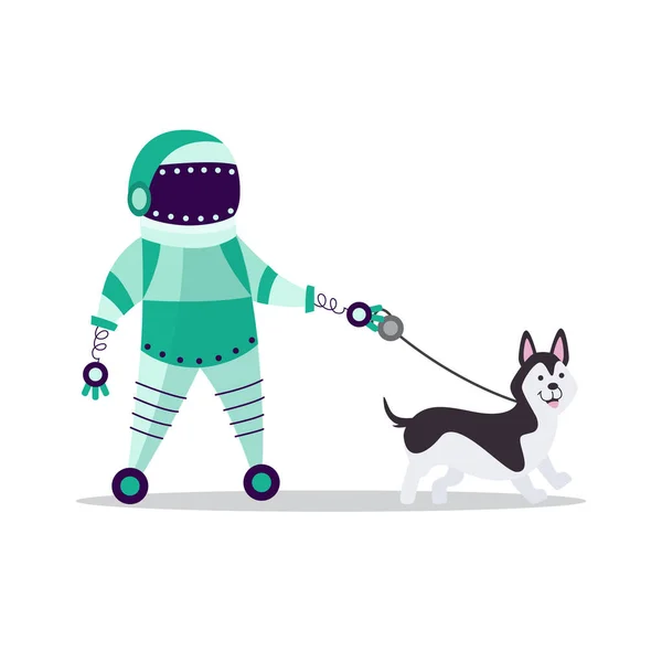 带着宠物狗行走的机器人平面隔离向量图 — 图库矢量图片