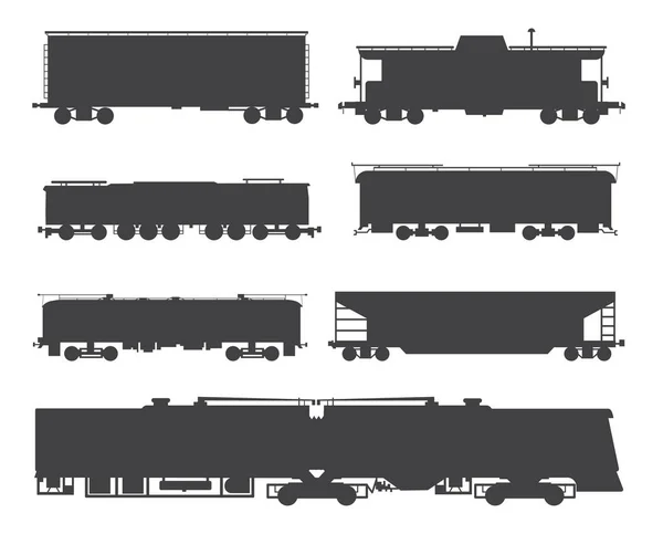 Railway cargo and passenger train silhouettes vector illustrations isolated. — Stock Vector