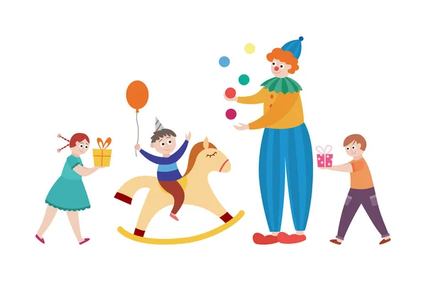 Fiesta de cumpleaños para niños con payaso, ilustración plana vector de dibujos animados aislado — Archivo Imágenes Vectoriales