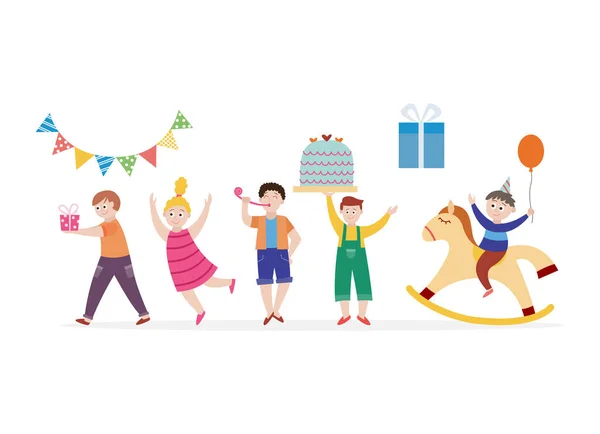Σύνολο των παιδιών γιορτάζει γενέθλια κόμμα επίπεδη διανυσματική απεικόνιση απομονωμένη. — Διανυσματικό Αρχείο