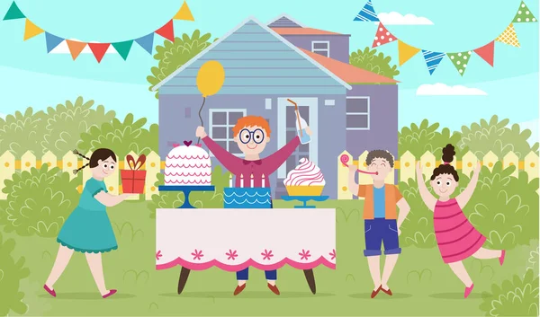 Fiesta de cumpleaños de los niños en el patio trasero al aire libre una ilustración plana vector de dibujos animados. — Vector de stock