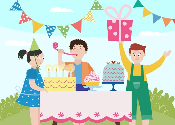 Fiesta de cumpleaños con niños recibiendo regalos y golosinas, ilustración de vectores planos. — Archivo Imágenes Vectoriales