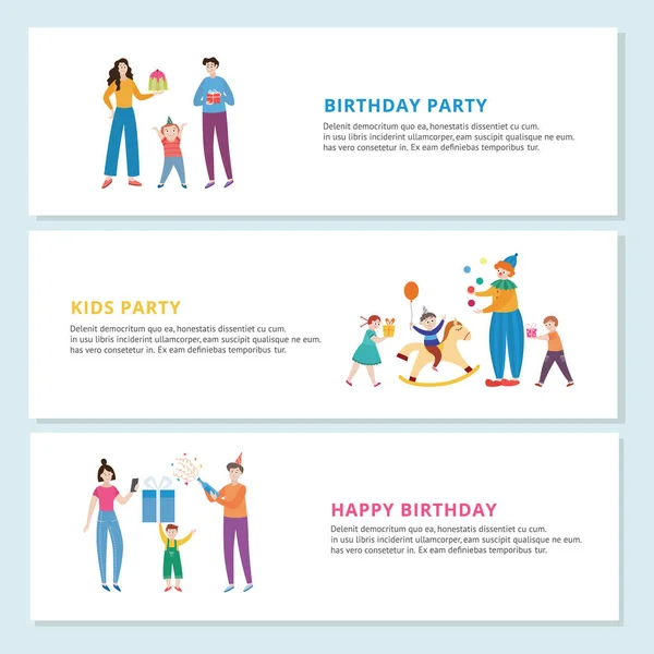 Un conjunto de pancartas de saludo con divertidos niños fiesta de cumpleaños un vector de ilustración — Vector de stock