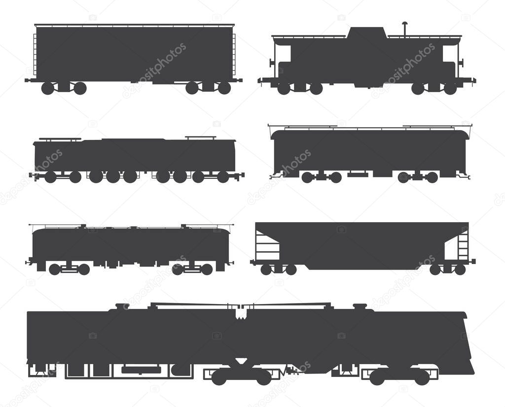 Railway cargo and passenger train silhouettes vector illustrations isolated.