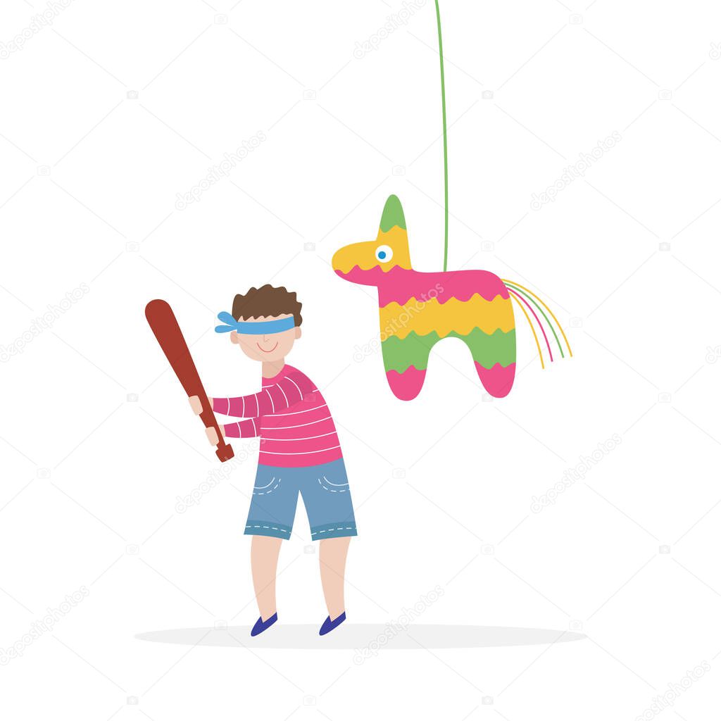 Child hitting pinata on birthday party, flat vector illustration isolated.