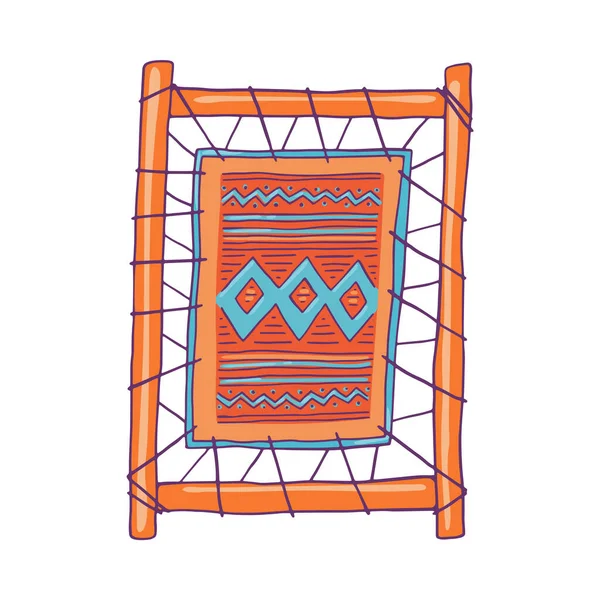 Loom frame met geweven stof schets cartoon vector illustratie geïsoleerd. — Stockvector