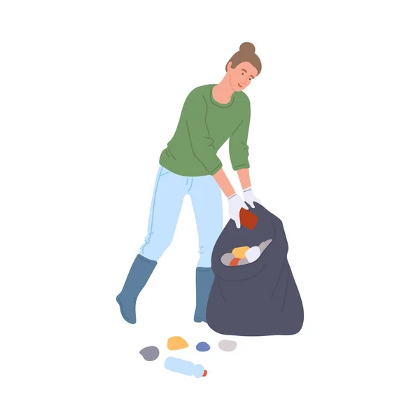 Vrijwilliger verzamelt afval om parken schoon te maken, platte vector illustratie geïsoleerd. — Stockvector