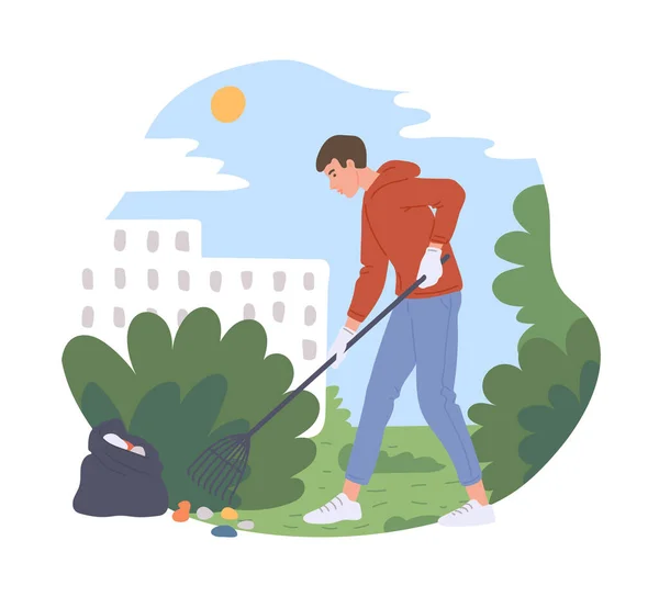 Şehir parkını temizleyen adam çöpü siliyor, düz çizgi film vektör çizimi — Stok Vektör