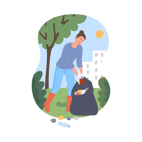 Mujer recoge la basura en la bolsa de arena en el parque, ilustración vectorial plana aislada. — Vector de stock