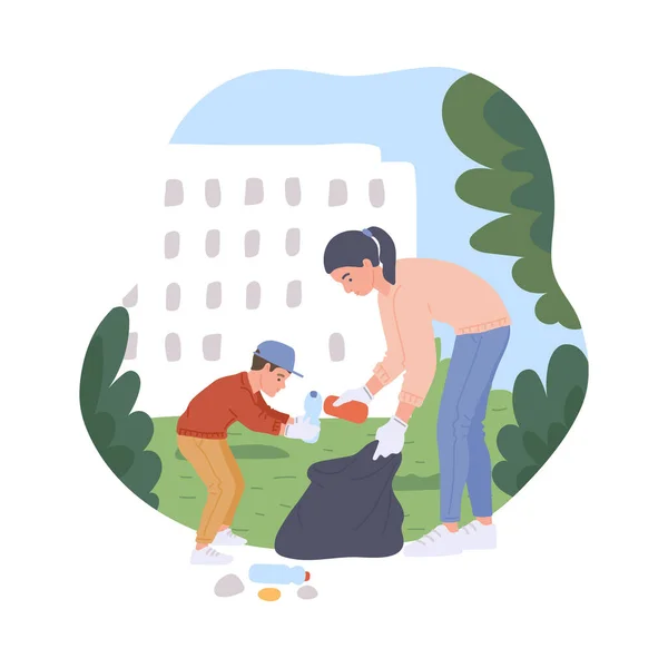 Matka i dziecko sprzątanie publiczne miejsce lub park płaski wektor ilustracja izolowane. — Wektor stockowy