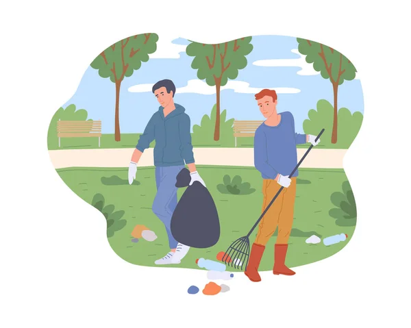 Gente limpiando la ciudad parque verde de la basura, ilustración plana vector de dibujos animados — Archivo Imágenes Vectoriales