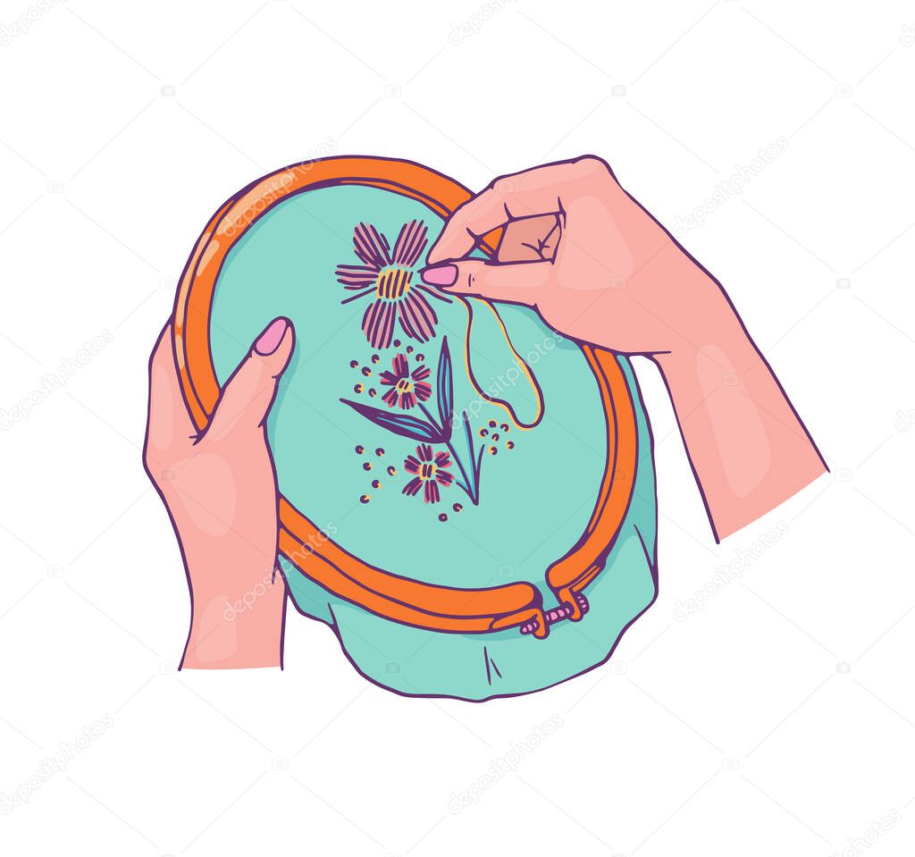 Isolated icon with human hands, embroidery frame and needle a vector illustration