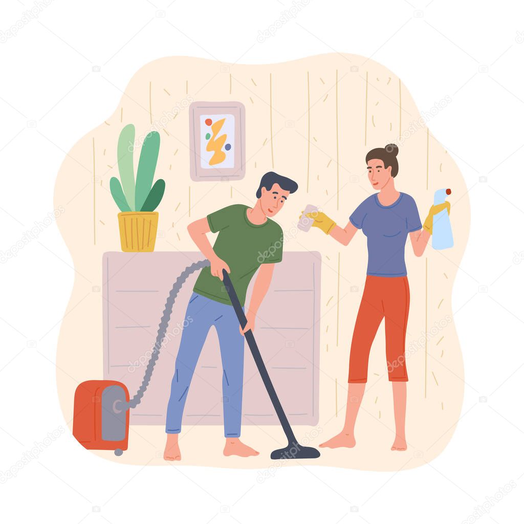 Woman and man cleaning house together, flat vector illustration isolated.