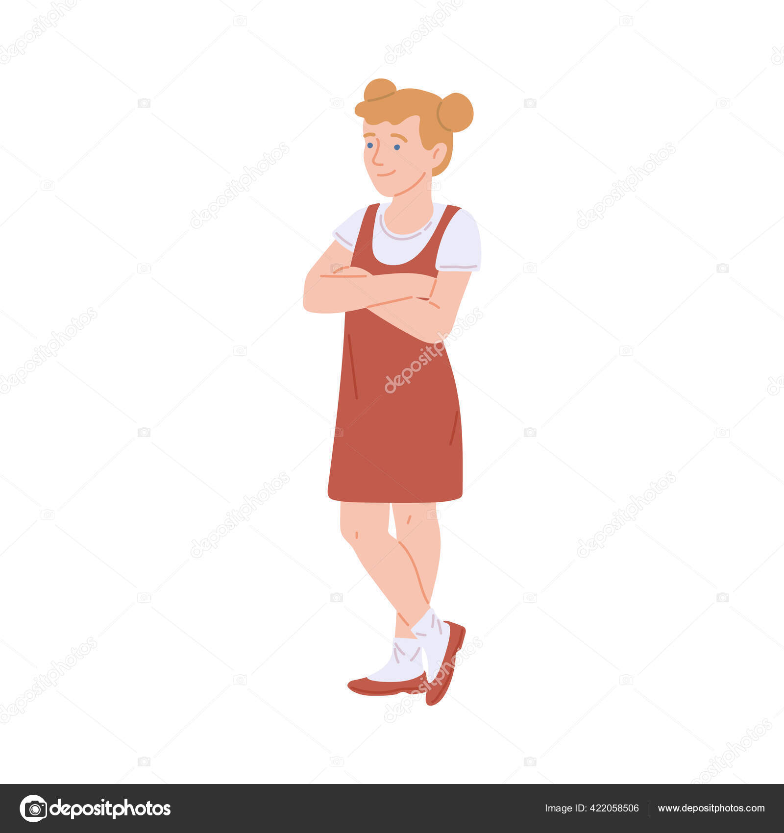 Little girl standing with crossed arms on chest, vector illustration ...