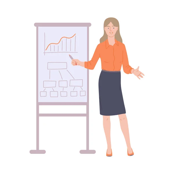 Mujer de negocios dando presentación de ventas vector plano ilustración aislado. — Vector de stock