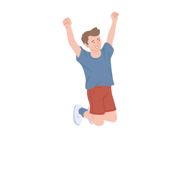 Alegre criança feliz salta levantando as mãos, ilustração vetorial plana isolada. — Vetor de Stock