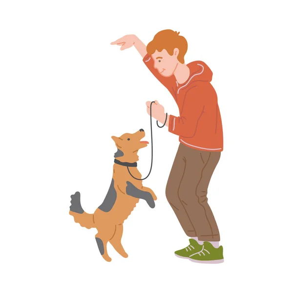 Bambino ragazzo personaggio dei cartoni animati che gioca con il cane, piatta illustrazione vettoriale isolato. — Vettoriale Stock