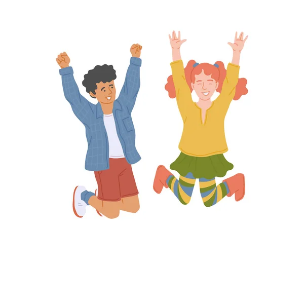 Glada pojke och flicka hoppa glatt platt vektor illustration isolerad. — Stock vektor