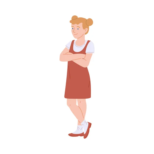 Mała dziewczynka stojąca z skrzyżowanymi ramionami na klatce piersiowej, ilustracja wektora odizolowana. — Wektor stockowy