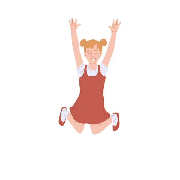 Весела щаслива дівчина стрибає піднявши руки, плоска векторна ілюстрація ізольована . — стоковий вектор