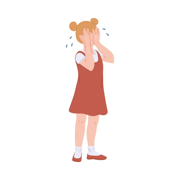 Sad little girl character crying with tears, flat vector illustration isolated. — Stock Vector