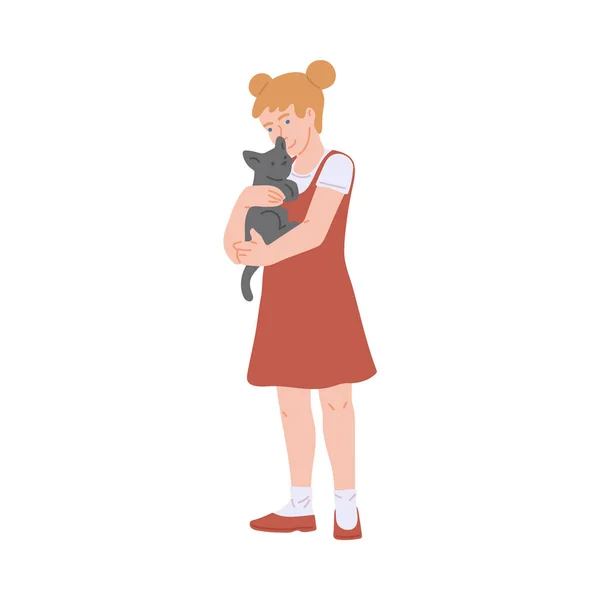 Mutlu kız çocuk karakteri kediyi kucaklıyor, düz vektör çizimi izole edilmiş.. — Stok Vektör